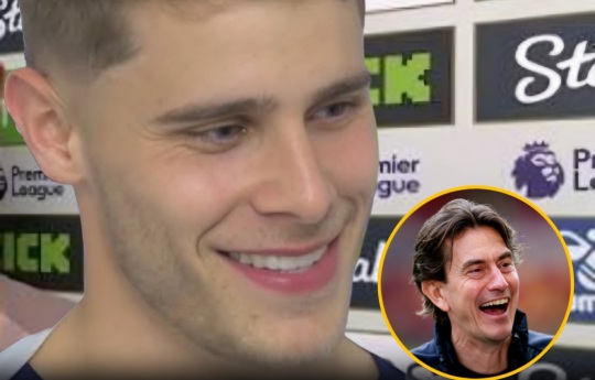 Micky Van de Ven throws a cheeky dig at manager Thomas Frank in a hilarious interview after 3-0 win at Everton